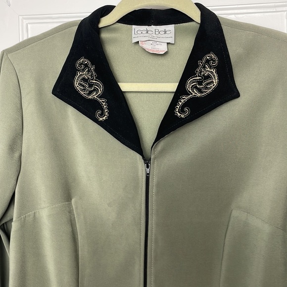 Vintage LESLIE BELLE Blazer front zip embroidery sage green - Picture 2 of 15